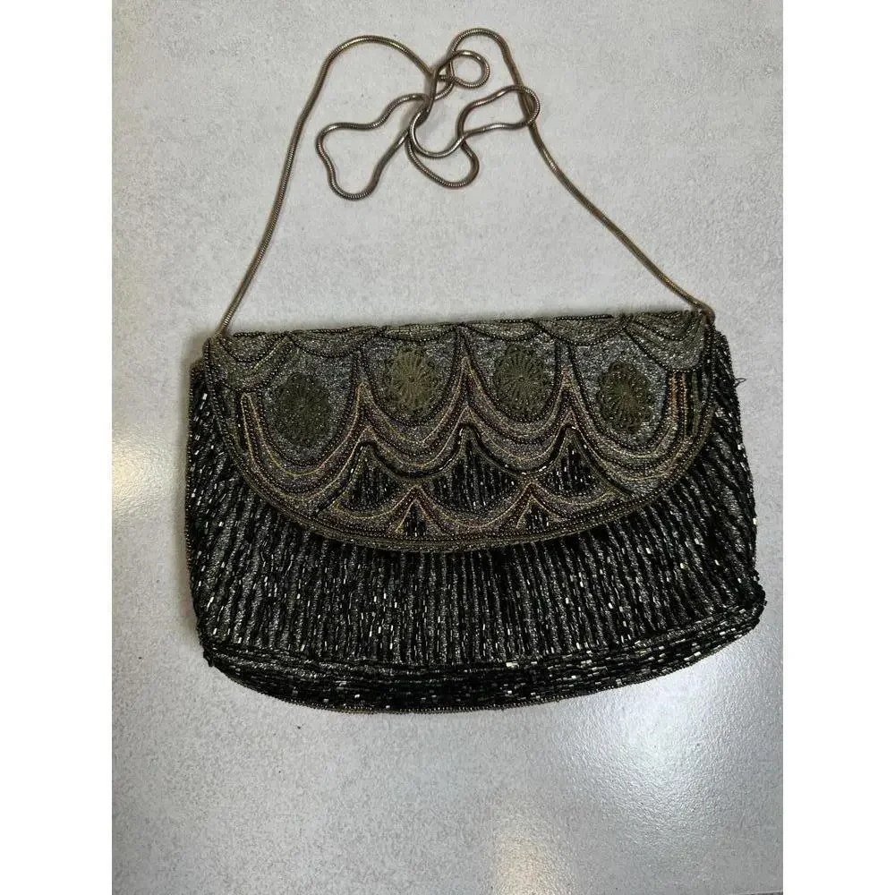 9.5x6.5 Beaded Evening Clutch Art Deco Style Gold Black Shoulder Bag - Picture 1 of 6